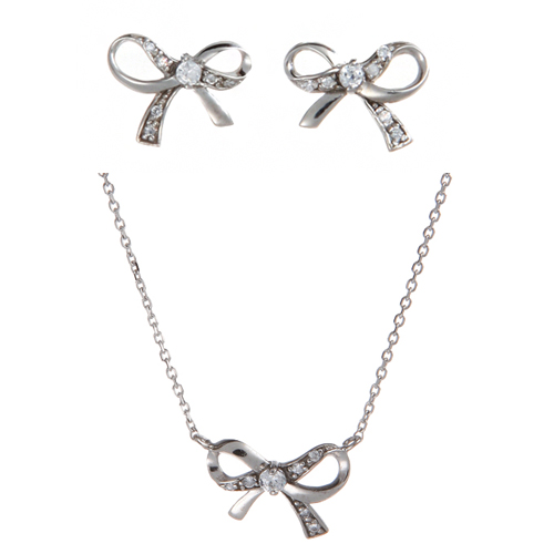 (Silver)미니 리본 이어링 네클레스 세트 Mini Ribbon Pierced Earrings and Necklace